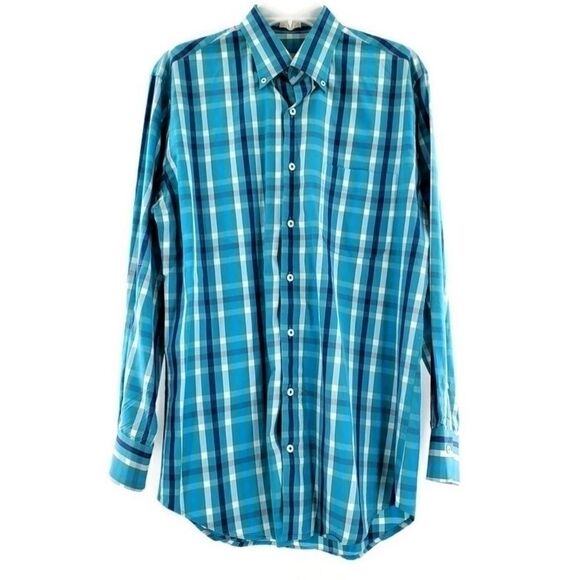 Peter Millar Blue & White Cotton Plaid Long Sleeve Collared Button Down Shirt - Picture 2 of 11